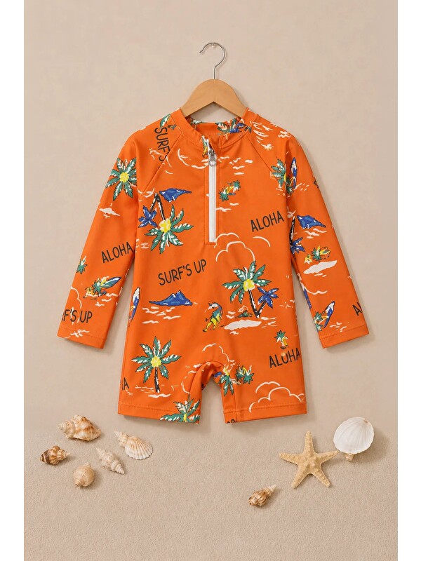 ZUZUNGA Aloha Surf's Up Turuncu Fermuarlı Uzun Kollu Erkek Bebek Tulum Mayo