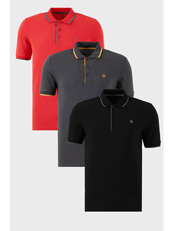 Buratti Pamuklu Slim Fit Şerit Detaylı Düğmeli Polo Yaka 3'lü Paket %100 Pamuk Tişört 5902118S3