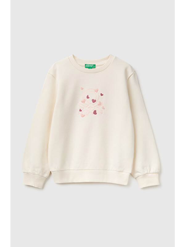 United Colors Of Benetton Kız Bebek Ekru Önü İşlemeli Uzun Kollu Bisiklet Yaka Sweatshirt