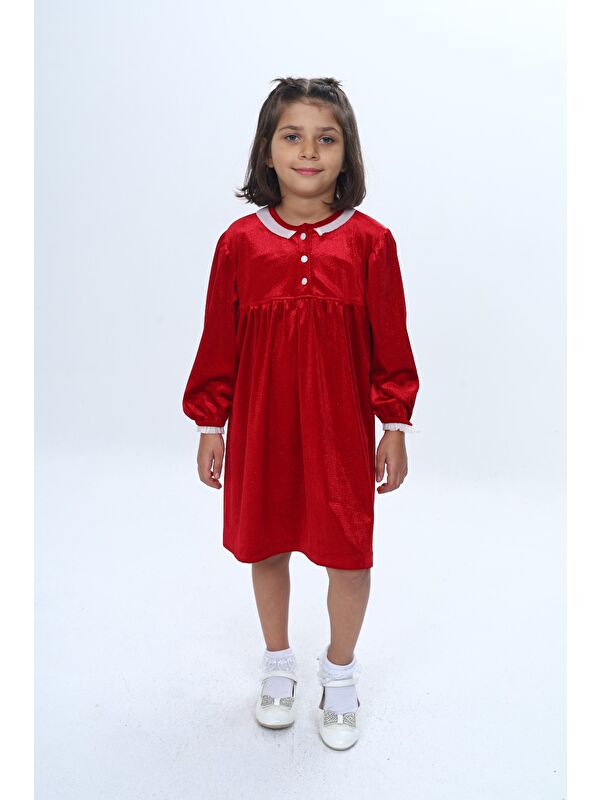 Toontoykids Kız Çocuk Yaka Düğmeli Fırfırlı Elbise