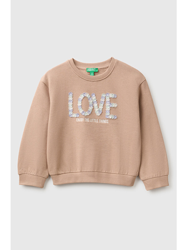 United Colors Of Benetton Kız Bebek Sütlü Kahve Önü İşlemeli Uzun Kollu Bisiklet Yaka Sweatshirt