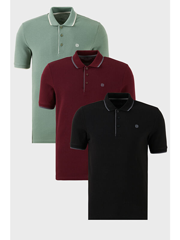 Buratti Pamuklu Slim Fit Şerit Detaylı Düğmeli Polo Yaka 3'lü Paket %100 Pamuk Tişört 5902118S3