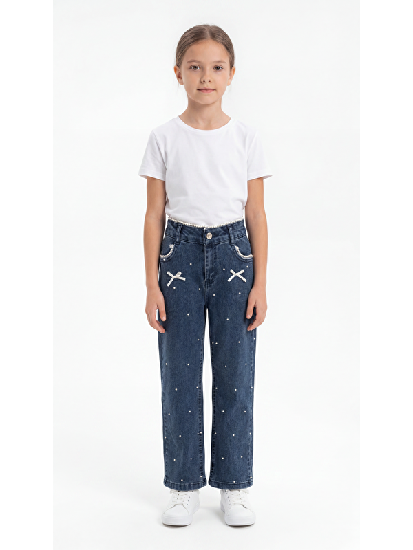 Mışıl Kids Fiyonklu Taşlı Kız Çocuk Jean Pantolon