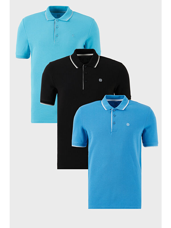 Buratti Pamuklu Slim Fit Şerit Detaylı Düğmeli Polo Yaka 3'lü Paket %100 Pamuk Tişört 5902118S3