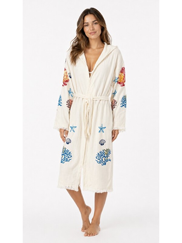 Mulberry Kadın Müslin Plaj Kimonosu Kapüşonlu %100 Pamuk Baskılı Yazlık Kimono Bornoz