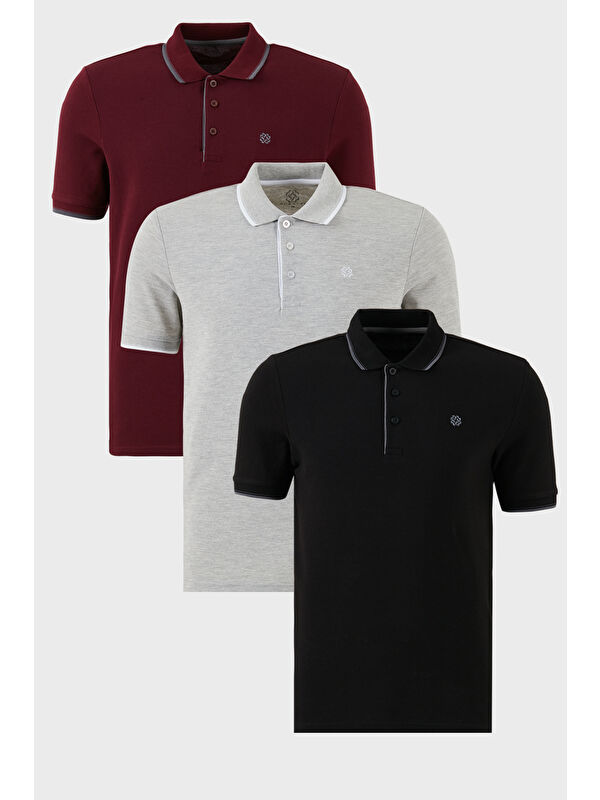 Buratti Pamuklu Slim Fit Şerit Detaylı Düğmeli Polo Yaka 3'lü Paket %100 Pamuk Tişört 5902118S3