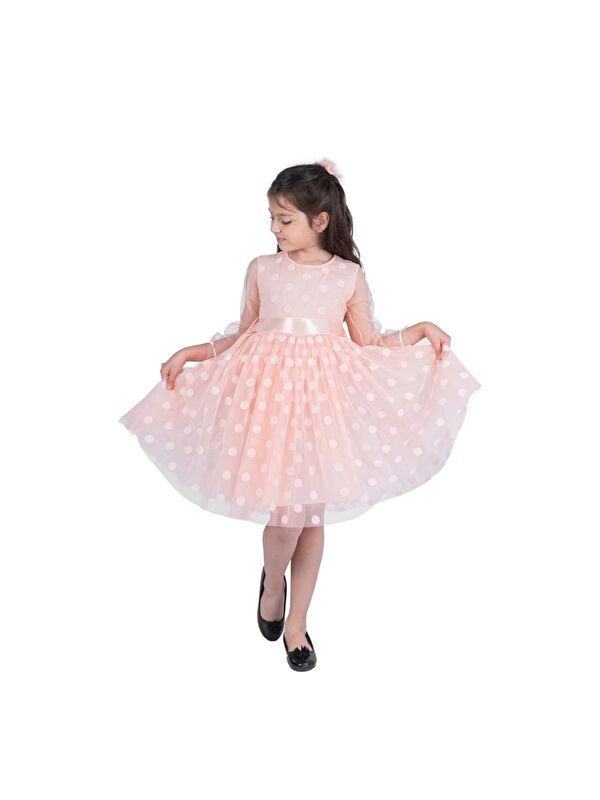 Mnk Baby & Kids Prenses İri Puanlı Tokalı Dantel Kumaş Kız Çocuk Elbise MNK0547