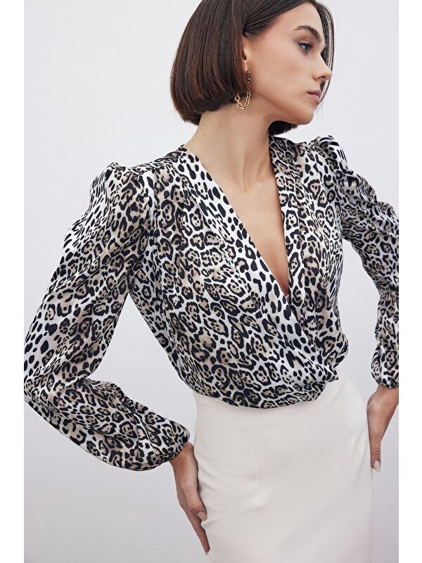 SATEEN Leopar Desenli Bodysuit - Siyah