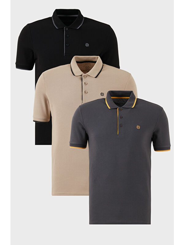 Buratti Pamuklu Slim Fit Şerit Detaylı Düğmeli Polo Yaka 3'lü Paket %100 Pamuk Tişört 5902118S3