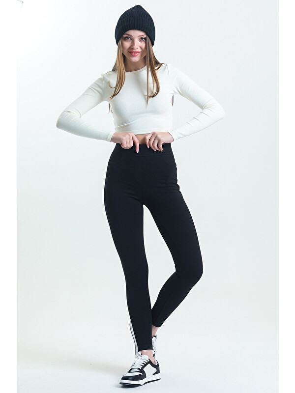 Domoda Yüksek Bel Toparlayıcı Skinny Siyah Kadın Cep Dikişli Çelik Örme Tayt Pantolon @Granada