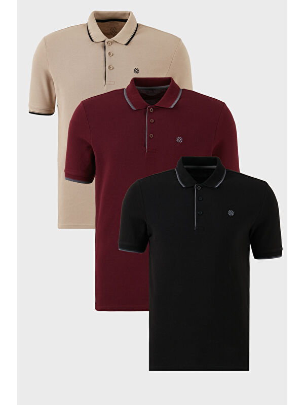 Buratti Pamuklu Slim Fit Şerit Detaylı Düğmeli Polo Yaka 3'lü Paket %100 Pamuk Tişört 5902118S3