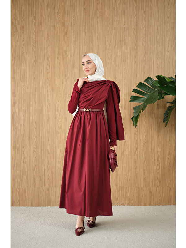 Locco Moda Kadın Şal Detaylı Kemerli Poplin Elbise Bordo
