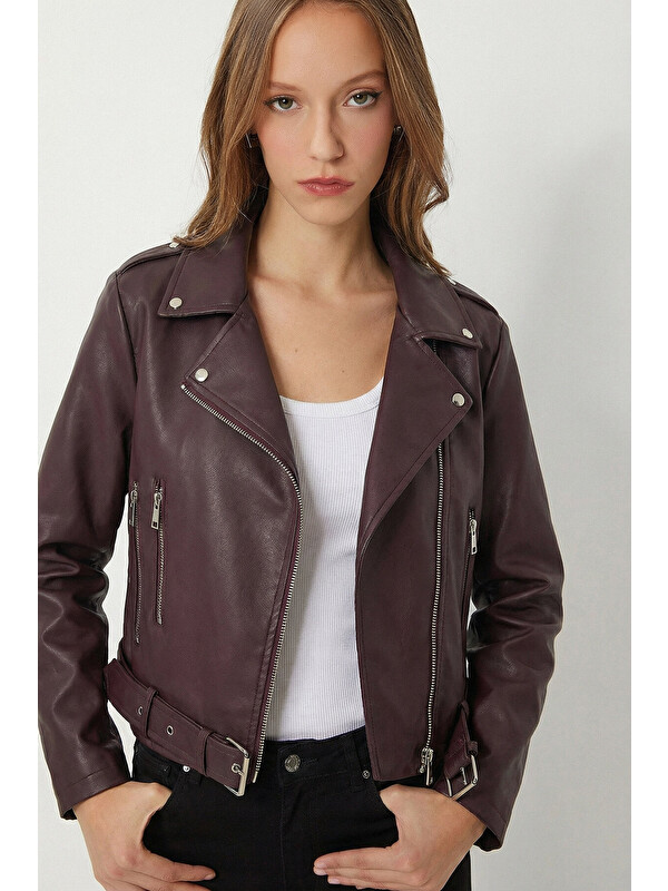 Happiness İstanbul Kemerli Suni Deri Biker Ceket MÜRDÜM LAX0003