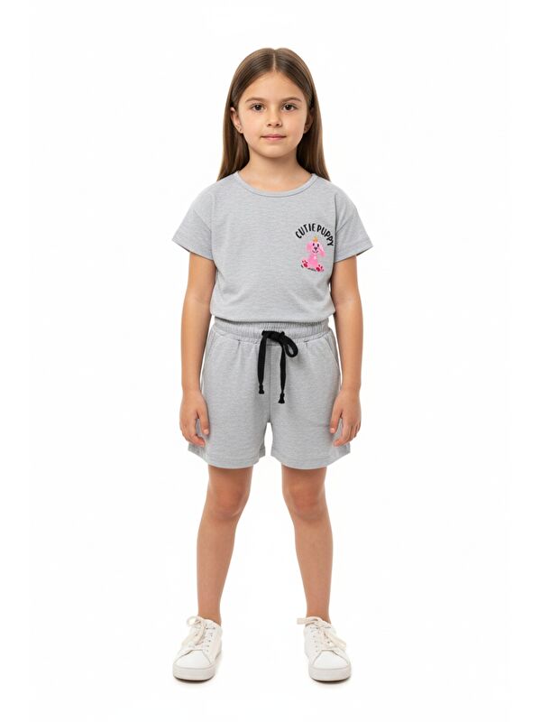 Toontoykids Kız Çocuk 2'li Şortlu Takım Bisiklet Yaka Düşük Omuz Kısa Kollu Baskılı Tişört - Beli Lastikli Bağl