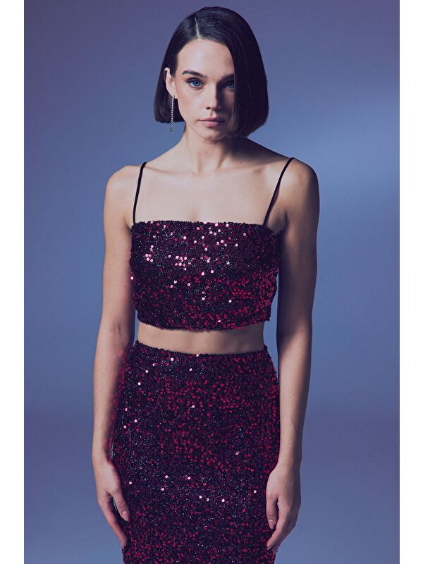 SATEEN İp Askılı Payet Crop - Bordo