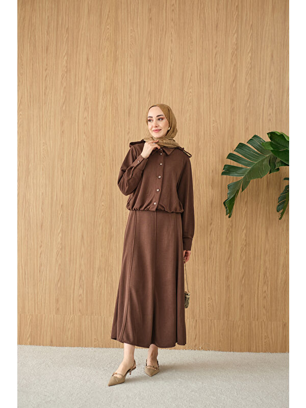 Locco Moda Kadın Gömlek Yaka Gümüş Düğme Detay Takım Kahverengi
