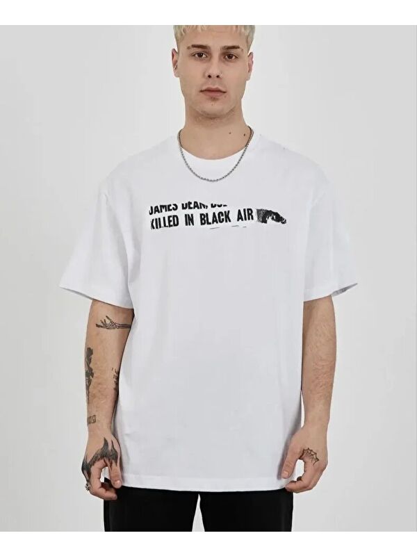 Jane's Unisex Bisiklet Yaka Baskılı Oversize T-Shirt - Beyaz