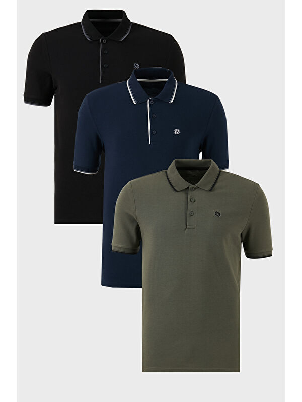 Buratti Pamuklu Slim Fit Şerit Detaylı Düğmeli Polo Yaka 3'lü Paket %100 Pamuk Tişört 5902118S3