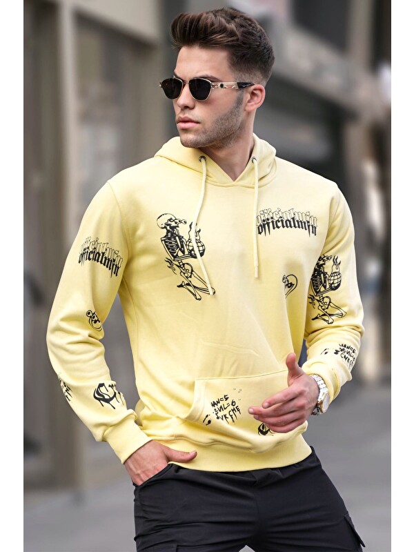Madmext Sarı Baskılı Kapüşonlu Erkek Hoodie 5895