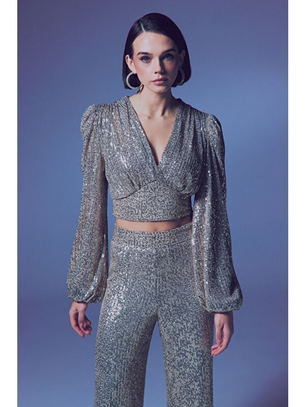 SATEEN Kruvaze Payetli Crop Bluz - Bej
