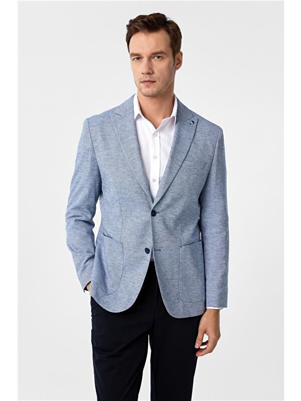Süvari Saks Mavi Slim Desenli Sivri Yaka 6 Drop Blazer Ceket