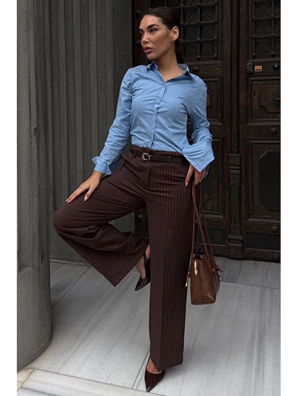 Madmext Kahverengi Çizgili Geniş Paça Normal Bel Kemerli Pantolon Mg2735