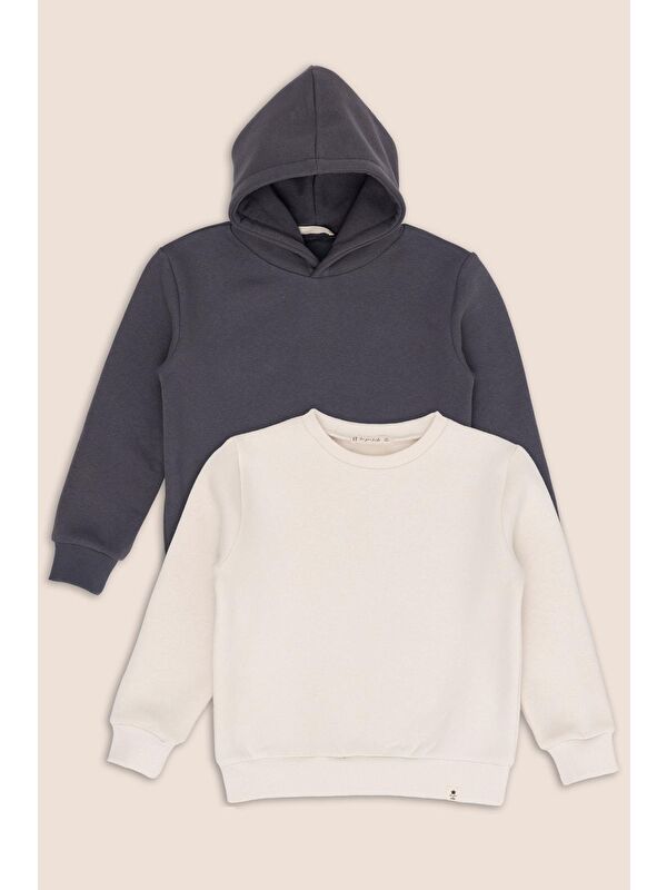 For You Kids 2'Li Gri Kapüşonlu Ekru Bisiklet Yaka Kız Çocuk Sweatshirt