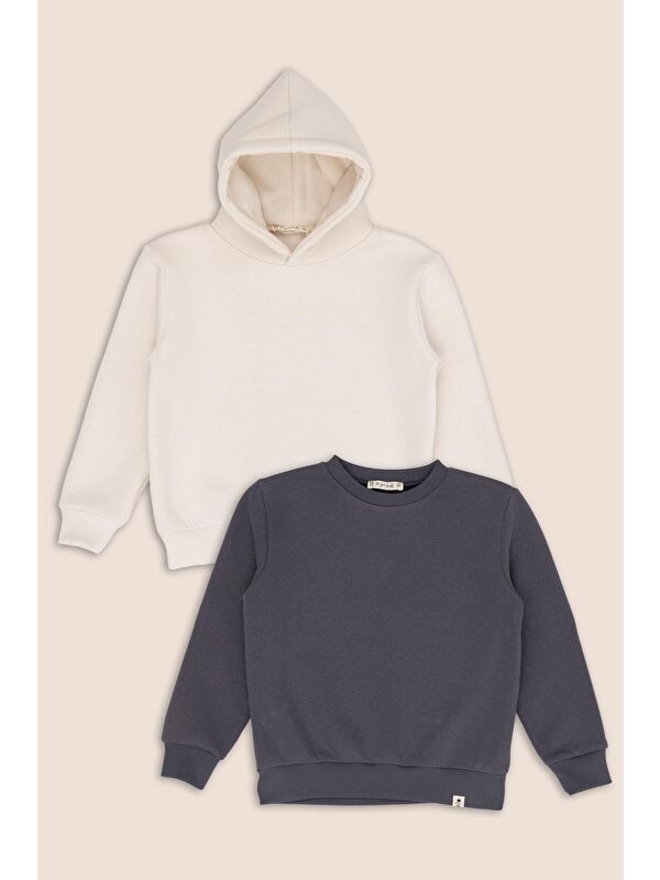 For You Kids 2'Li Gri Bisiklet Yaka Ve Ekru Kapüşonlu Kız Çocuk Sweatshirt