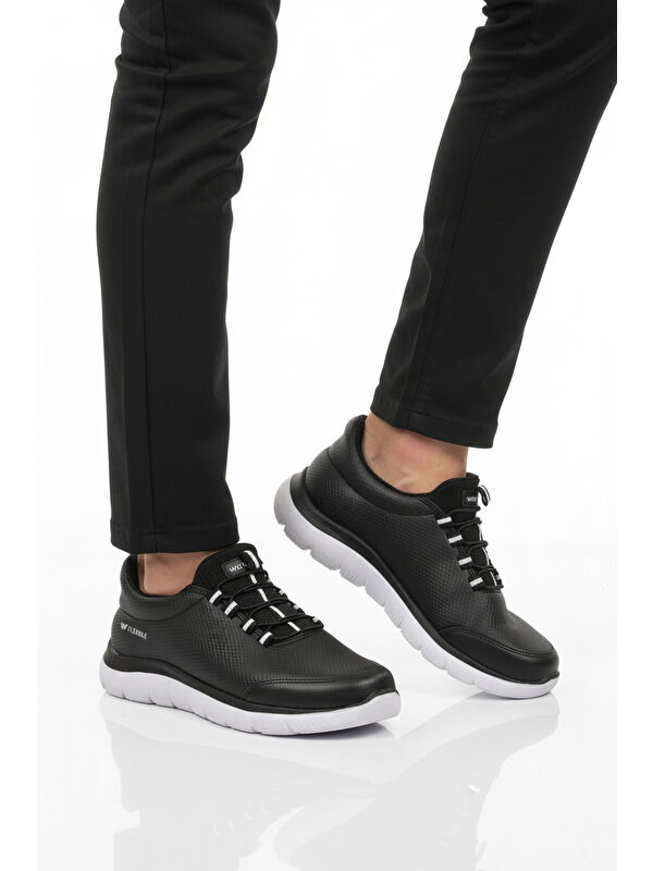 Siyah Beyaz Bilekten Lastikli Erkek Spor Ayakkabı Flexible Pu M - Görsel 2