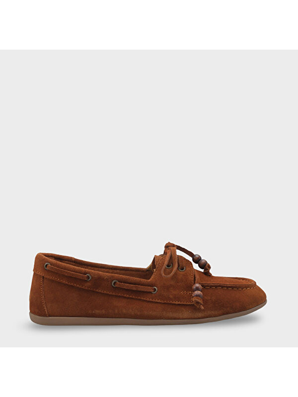 Capone Outfitters Vicki Hakiki Deri Süet Bağcıklı Boncuklu Konfor Kadın Loafer Tekne Ayakkabısı