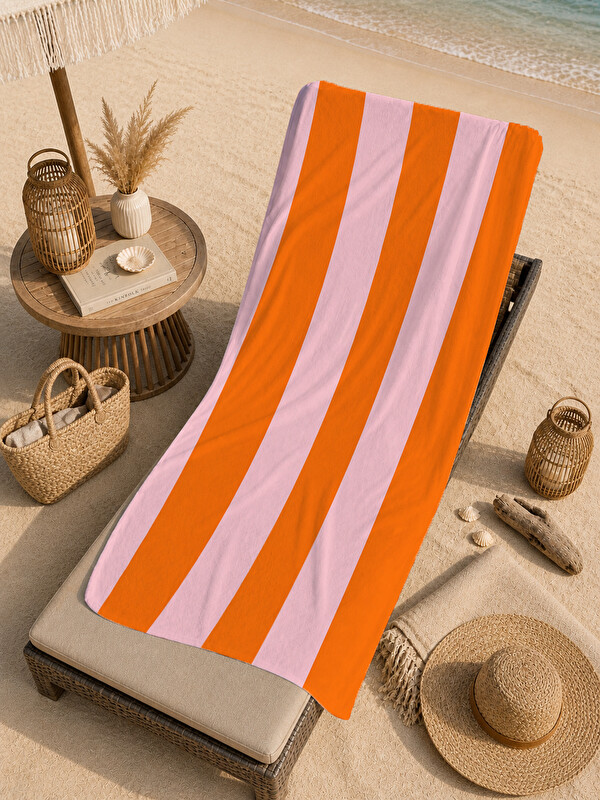 Milbay Grup Retro Turuncu Pembe Dalgalı Dikey Çizgili Desenli 70x150 Plaj Havlusu - Pamuklu Banyo Havlusu