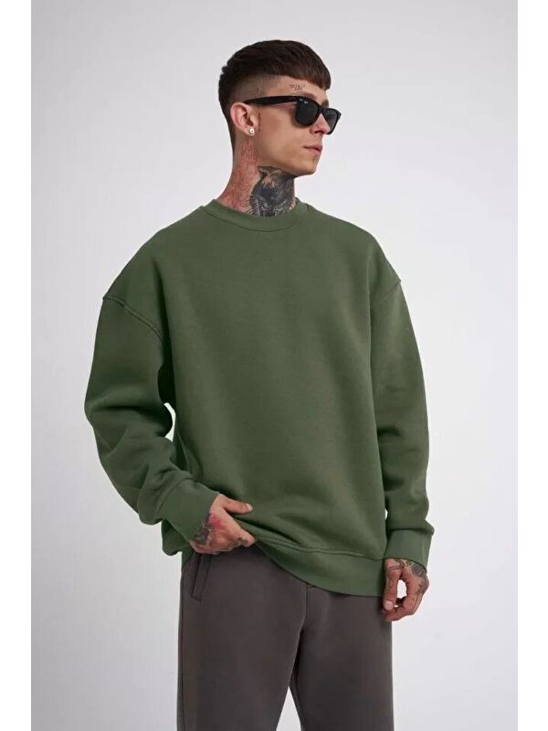 Jane's Unisex Biskilet Yaka Üç İplik SweatShirt - Haki