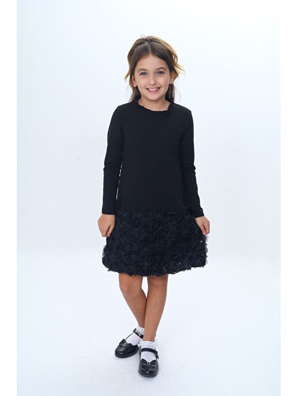 Toontoykids Kız Çocuk Yaka Fırfır Etek 3D Güllü Elbise