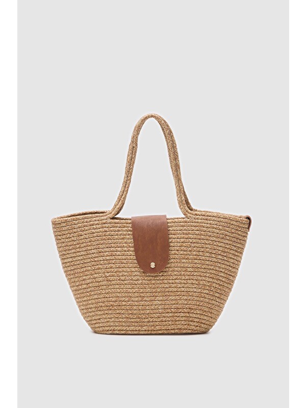Shulebags Duffy Kapaklı Handmade Hasır Tote Çanta Vizon