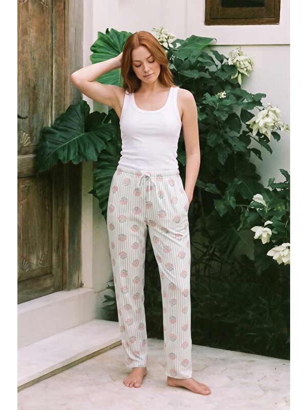 Fullamoda Çiçekli Çizgili Beli Lastikli Pijama Altı