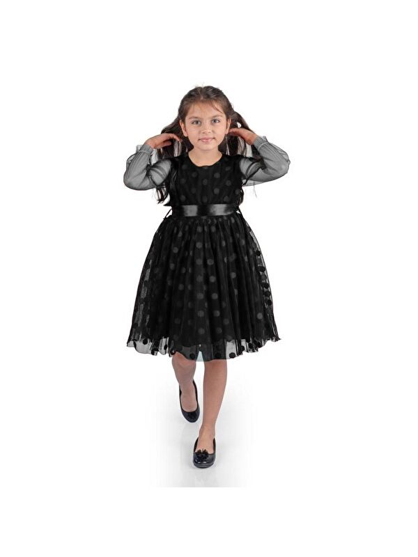 Mnk Baby & Kids Prenses İri Puanlı Tokalı Dantel Kumaş Kız Çocuk Elbise MNK0547