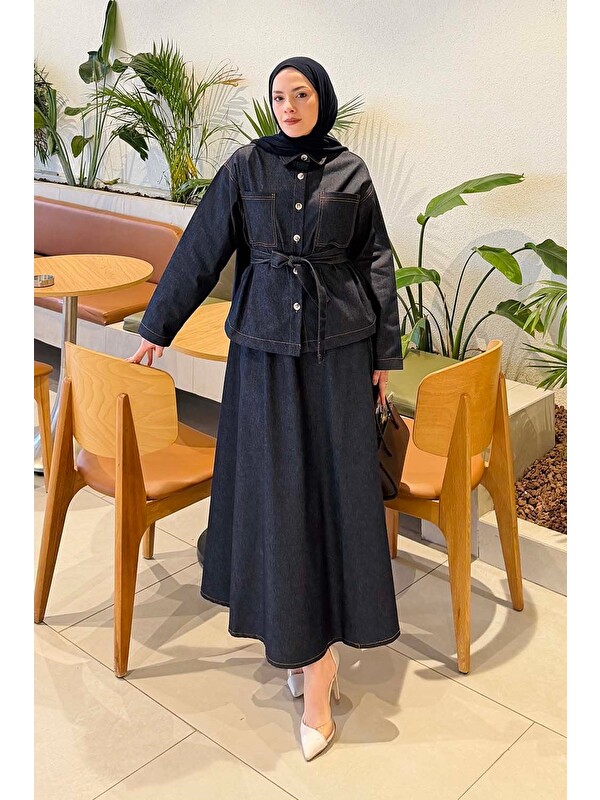 Lamelif Bağlamalı Denim Takım Koyu Mavi