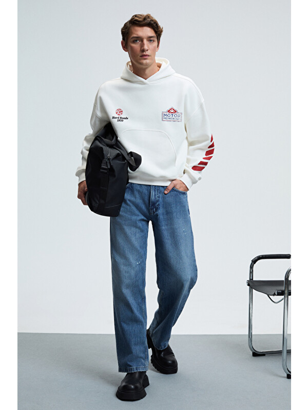GRIMELANGE Erkek Kapüşonlu Kanguru Cepli Kolları ve Sırtı Baskılı Relaxed Fit BEYAZ Sweatshirt