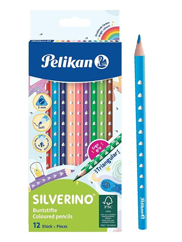 Pelikan 12 li Kuru Boya Kalemi Karton Kutu 1 Paket 12 Renk Üçgen Tutum Silverino Kuruboya Tam Boy Renkli Kal