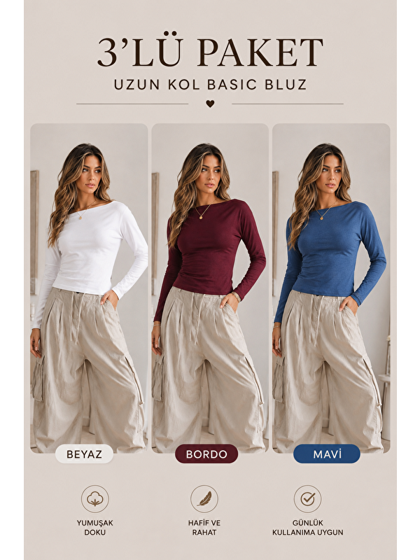 COMBINE Kadın Kayık Yaka Basic Dar 3 Lü Bluz