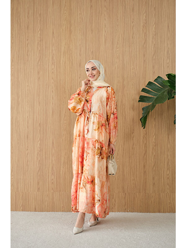 Locco Moda Kadın Soft Çiçek Desen Elbise Somon