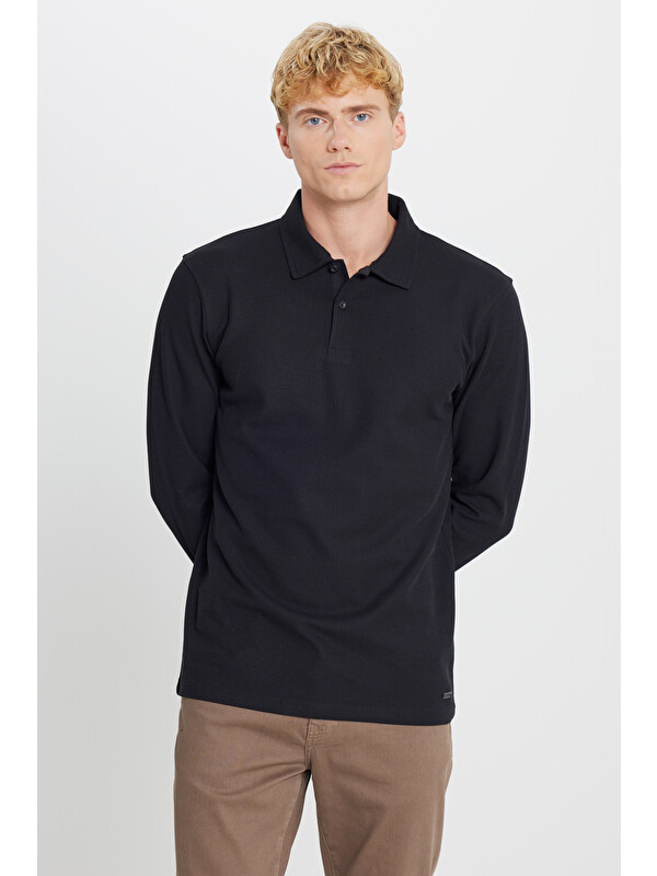 Altınyıldız Classics Erkek Siyah %100 Pamuk Slim Fit Dar Kesim Polo Yaka Jakarlı Tişört
