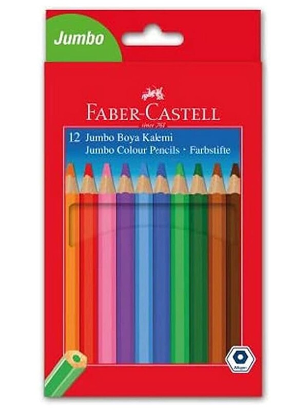 Faber-Castell Kuru Boya Jumbo Tam Boy 12 Renk 1 Paket Karton Kutu Jumbo Kuru Boya Kalemi 12 Li Canlı Renkler Boya