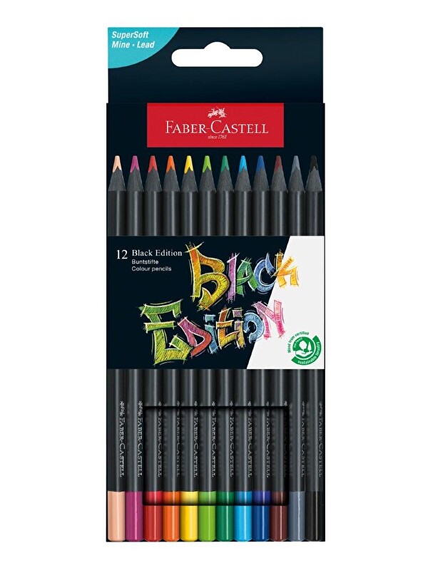 Faber-Castell 12 Renk Kuru Boya Black Edition 1 Paket 12 li Kuruboya Tam Boy Karton Kutu