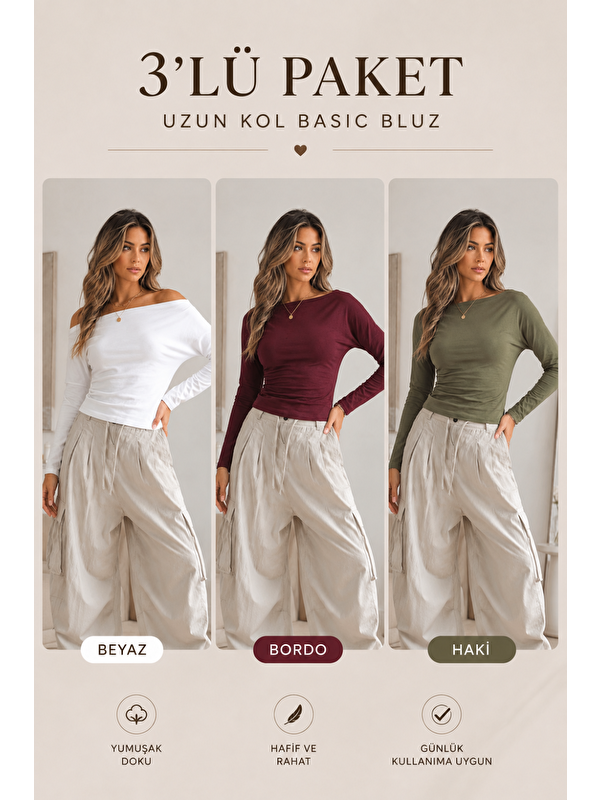 COMBINE Kadın Kayık Yaka Basic Dar 3 Lü Bluz