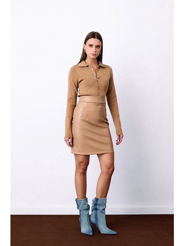 SATEEN Şardonlu Deri Etek - Camel