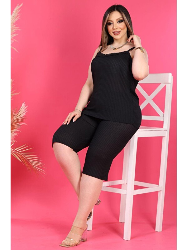 Fullamoda Büyük Beden Askılı Kapri Pijama Takımı