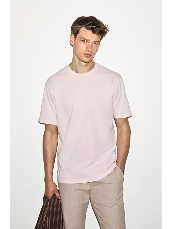 GRIMELANGE Solo Erkek %100 Organik Pamuklu Kalın Dokulu Comfort Fit Bisiklet Yakalı PEMBE T-Shirt