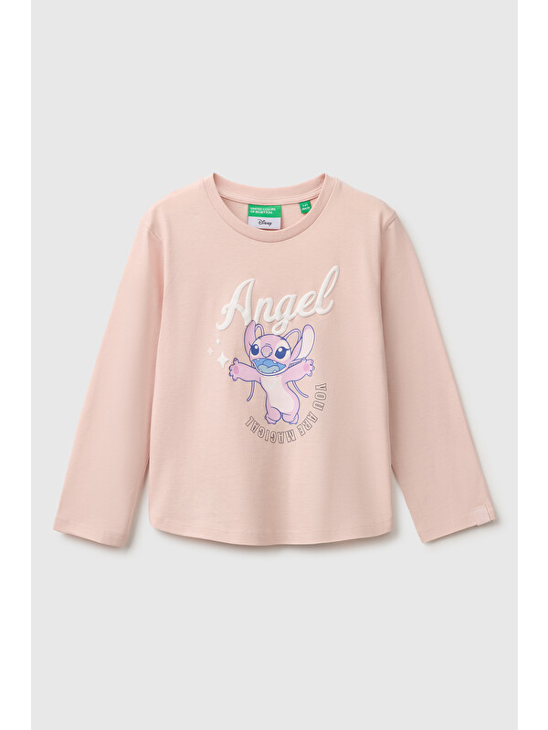 United Colors Of Benetton Kız Bebek Pudra Önü Lilo&Stitch Baskılı Ribanalı Uzun Kollu Tişört