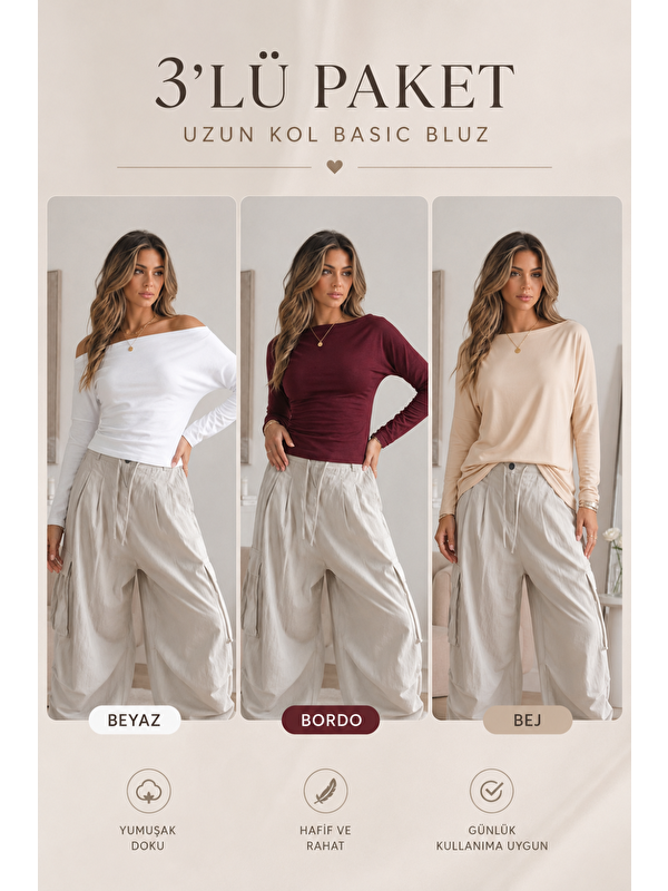 COMBINE Kadın Kayık Yaka Basic Dar 3 Lü Bluz